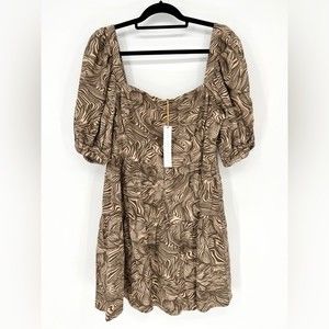 House of Harlow Linen Puff Sleeve Mini Brown Dress Summer Sun Cocktail Wedding